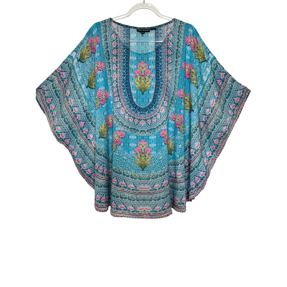 Tolani Collection Modal Poncho Blouse Size 2XP Blue Floral Boho Art to wear
